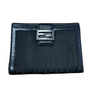 Authentic FENDI Black Ribbon Zucca FF Canvas Wallet Black Leather Italy | COA